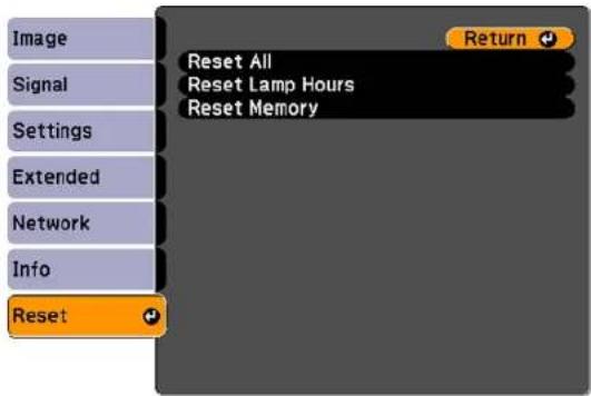 Image Signal Settings Extended Network Info Reset Reset All Reset Lamp Hours Reset Memory Return Reset