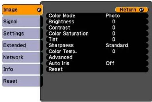 Image Signal Settings Extended Network Info Reset Color Mode Photo Brightness 0 Contrast 0 Color Saturation 0 Tint 0 Sharpness Standard Color Temp. 0 Advanced Auto Iris Off Reset