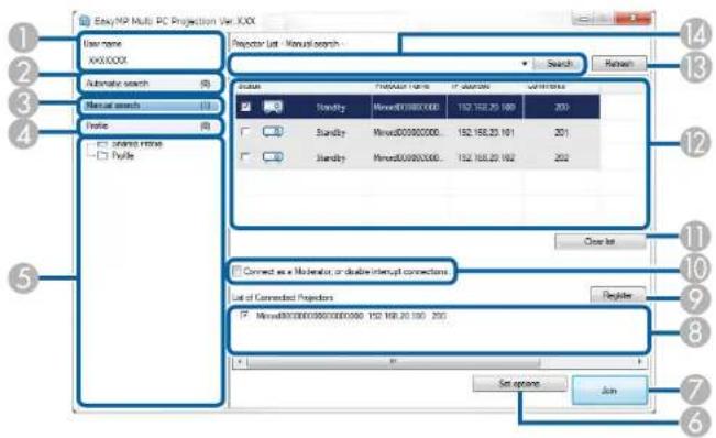EasyMP Multi PC Projection User KXX User name KXX000X Automatic search Manual search Profile □ ordered rows □ Profile Reporter List - Manual search Status Seriality Mineral00000000 152 158.20 100 200 Binary Mineral00000000... 152 158.20 101 201 Binary Mineral00000000... 152 158.20 102 202 Close list Connected as a Molecular, or double interrupt connections List of Connected Projectors Mineral00000000/0000000 152 158.20 100 205 Register Set option Join