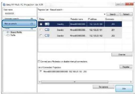 Auto/MP Multi-PC Projection Var.100X User name: XXXXXXXX User search: 23 Mouse search: 17 Profile: 23 Share Portfolio Profile Register List - Manual search: Status Protector name IP address Comments Binary Minward00000000 192 168.20 168 200 Binary Minward00000000 192 168.20 161 201 Binary Minward00000000 192 168.20 162 202 Cancel Command as a Moderator or double internal connectors. List of Connected Projectors Binary,Minward00000000,000,000,000 192 168.20 160 200 Register Set options Add