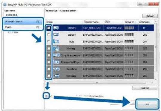 EasyMP Multi PC Projection Ver.XXX User name XXXXXXX Automatic search Profile (1) Status Reactor name SBO Signal Comments Refresh Standby EMP0000000000... RealStartSSO00 200 Buy EMP0000000000... RealStartSSO01 201 Missing EMP0000000001... RealStartSSO02 202 Clustering by a EMP0000000001... RealStartSSO03 203 Unadjusted Project EMP0000000002... RealStartSSO04 204 Searching EMP0000000003... RealStartSSO05 205 Not found EMP0000000004... RealStartSSO06 206 OK Close to OK