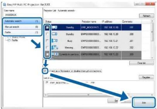 EasyMP Multi PC Projection VarXXX User name XX0000XX Automatic search (1) Manual search (2) Profile (3) Share Name Profile Preceptor List - Automatic search Status Preceptor name IP address Comments Sendby EMP_MODERATI 192.168.12.20 200 Sendby EMP:0000000000... 192.168.12.21 201 Busy EMP:0000000000... 192.168.12.22 202 Missing EMP:0000000000... 192.168.12.23 203 Currently in use for a EMP:0000000000... 192.168.12.23 203 Create list Update as a Generator, or double interrupt commands. List of lists: EMP_MODERATI Set Join