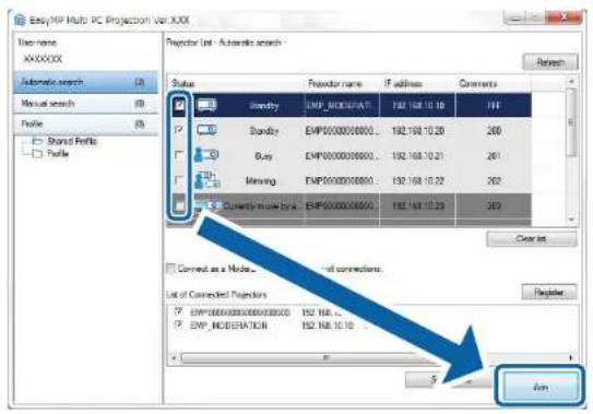 Easy HP Multi PC Projection VarXXX User-name: XXXXXXXX Automatic search Manual search Profile: Shared Profile Profile Navigator list - Automatic search - Status Proxy name If address Comments IDensity EMP_00000000000... 192.168.10.10 191 Border EMP0000000000... 192.168.10.20 266 Buy EMP0000000000... 192.168.10.21 261 Missing EMP0000000000... 192.168.10.22 262 Corrected Intra for a... EMP0000000000... 192.168.10.23 263 Close list Connected as a Number... Set of Connected Projections EMP0000000000... 192.168.10.24 EMP_MODERATION 192.168.10.10 Register 5 Arm