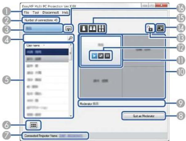 EasyMF Multi PC Protection Ver XXX File Tool Disconnect Help Number of connections: 45 User name - Moderator Sub Out as Moderator Connected Projector Name : 207.86388888