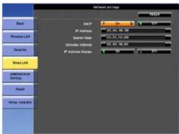 Network settings DHCP IP Address: 102.54, 106.300 Subnet Hips: 315.70, 375.800 Internet Address: 102.54, 106.300 IP Address Display: OFF OK OFF Basic Windows Ltd Security Mixed LAN Administrative Setting Reset Temp Control