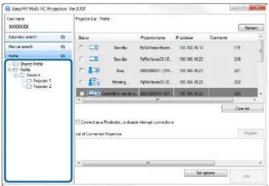 EasyMP Multi PC Projection: VarXXX User name XXXXXX Automatic search (S) Manual search (R) Profile (D) Shared Profile Profile Room A Projector 1 Projector 2 Projector List - Profile - Status Projector name If address Comments Stanley PtFileNameMaster... 192.168.10.10 FFF Stanley PtFileName20 (E)... 192.168.10.20 200 Buy 000000001 (EM)... 192.168.10.21 251 Winning_PtFileName30 (E)... 192.168.10.22 252 Connect to use by an... 000000003 (EM)... 192.168.10.23 253 C:\Users\My Documents, or disable interrupt connections List of Connected Projectors Register Set options Help