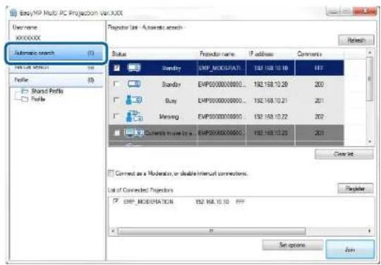 EasyMP Multi PC Projection var.XCC User name: XXXXXXX Automatic search (1) File List Options (2) Profile (3) Standard Profile Profile Navigator List - Automatic search Status Navigator name Address Comments Sendby EMP_0000000000... 192 168.10.10 200 Sendby EMP0000000000... 192 168.10.20 201 Buy EMP0000000000... 192 168.10.21 201 Missing EMP0000000000... 192 168.10.22 202 Connects in line to a EMP0000000000... 192 168.10.23 201 Connect as a Modemation or double interval connectors. List of Connected Projections EMP_MODICATION 192 168.10.10 PPP Set options Options