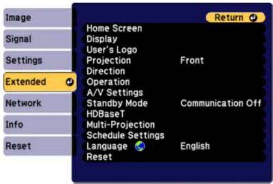 Image Signal Settings Extended Network Info Reset Home Screen Display User's Logo Projection Front Direction Operation A/V Settings Standby Mode Communication Off HDBaseT Multi-Projection Schedule Settings Language English Reset