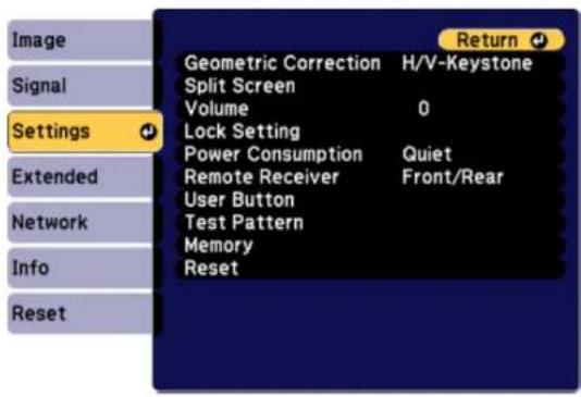 Image Signal Settings Extended Network Info Reset Geometric Correction H/V-Keystone Split Screen Volume 0 Lock Setting Power Consumption Quiet Remote Receiver Front/Rear User Button Test Pattern Memory Reset