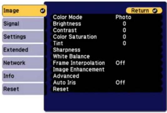 Image Signal Settings Extended Network Info Reset Color Mode Photo Brightness 0 Contrast 0 Color Saturation 0 Tint 0 Sharpness White Balance Frame Interpolation Off Image Enhancement Advanced Auto Iris Off Reset Return