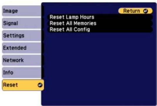 Image Signal Settings Extended Network Info Reset Reset Lamp Hours Reset All Memories Reset All Config Return +