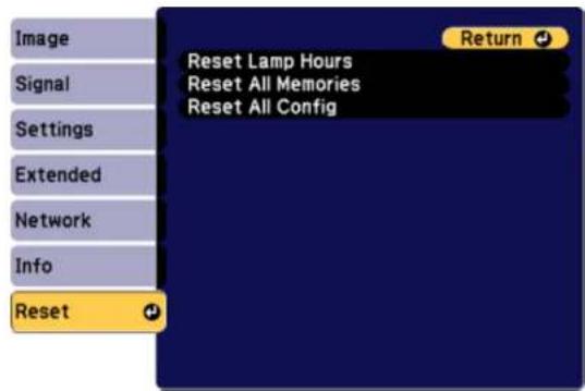Image Signal Settings Extended Network Info Reset Reset Lamp Hours Reset All Memories Reset All Config Return +