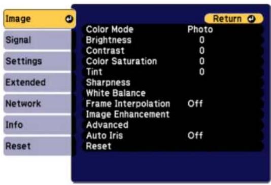Image Signal Settings Extended Network Info Reset Color Mode Photo Brightness 0 Contrast 0 Color Saturation 0 Tint 0 Sharpness White Balance Frame Interpolation Off Image Enhancement Advanced Auto Iris Off Reset Return