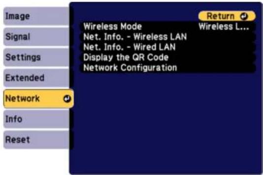 Image Signal Settings Extended Network Info Reset Wireless Mode Wireless L... Net. Info. - Wireless LAN Net. Info. - Wired LAN Display the QR Code Network Configuration Return