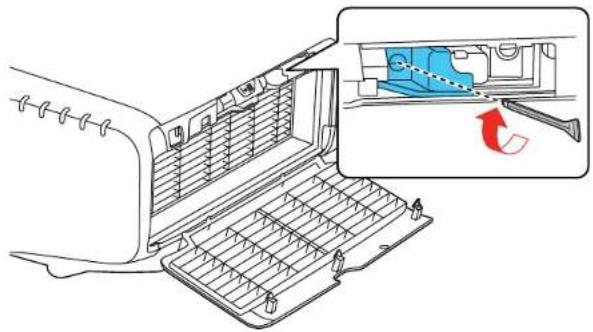 Diagram showing airflow or ventilation system inside a car air conditioner unit with a blue component and a red arrow indicating airflow direction.