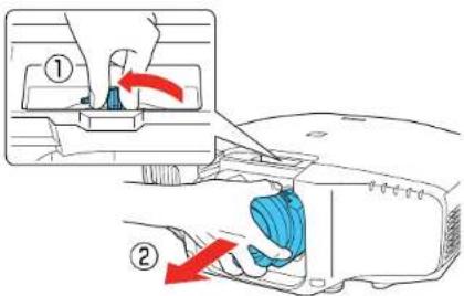 Diagram showing two steps of a mechanical or electrical component with red arrows indicating direction, labeled ① and ②.