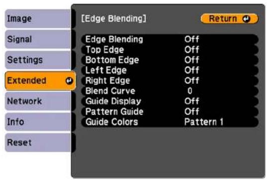 [Edge Blending] Return Edge Blending Off Top Edge Off Bottom Edge Off Left Edge Off Right Edge Off Blend Curve 0 Guide Display Off Pattern Guide Off Guide Colors Pattern 1 Extended Network Info Reset