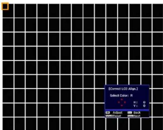 [Correct LCD Align.] Select Color: R N: 0 V: 0 Adjust Back Reset Next