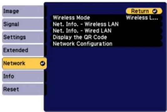 Image Signal Settings Extended Network Info Reset Wireless Mode Wireless L... Net. Info. - Wireless LAN Net. Info. - Wired LAN Display the QR Code Network Configuration Return