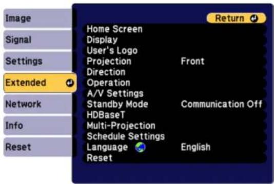 Image Signal Settings Extended Network Info Reset Home Screen Display User's Logo Projection Front Direction Operation A/V Settings Standby Mode Communication Off HDBaseT Multi-Projection Schedule Settings Language English Reset