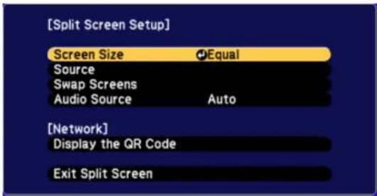 [Split Screen Setup] Screen Size Equal Source Swap Screens Audio Source Auto [Network] Display the QR Code Exit Split Screen