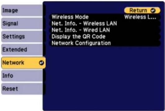Image Signal Settings Extended Network Info Reset Wireless Mode Wireless L... Net. Info. - Wireless LAN Net. Info. - Wired LAN Display the QR Code Network Configuration Return