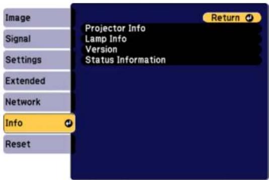 Image Signal Settings Extended Network Info Reset Projector Info Lamp Info Version Status Information Return