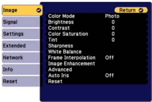 Image Signal Settings Extended Network Info Reset Color Mode Photo Brightness 0 Contrast 0 Color Saturation 0 Tint 0 Sharpness White Balance Frame Interpolation Off Image Enhancement Advanced Auto Iris Off Reset Return