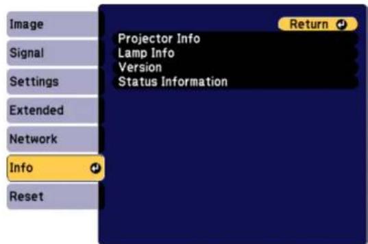 Image Signal Settings Extended Network Info Reset Projector Info Lamp Info Version Status Information Return