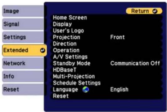 Image Signal Settings Extended Network Info Reset Home Screen Display User's Logo Projection Front Direction Operation A/V Settings Standby Mode Communication Off HDBaseT Multi-Projection Schedule Settings Language English Reset