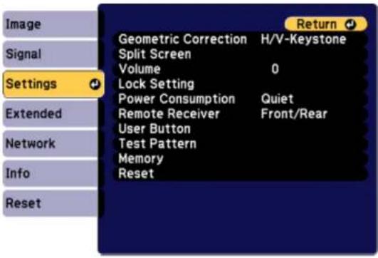 Image Signal Settings Extended Network Info Reset Geometric Correction H/V-Keystone Split Screen Volume 0 Lock Setting Power Consumption Quiet Remote Receiver Front/Rear User Button Test Pattern Memory Reset Return