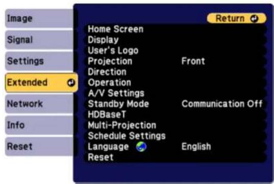 Image Signal Settings Extended Network Info Reset Home Screen Display User's Logo Projection Front Direction Operation A/V Settings Standby Mode Communication Off HDBaseT Multi-Projection Schedule Settings Language English Reset