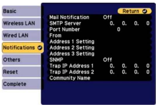 Basic Wireless LAN Wired LAN Notifications Others Reset Complete Mail Notification Off SMTP Server 0. 0. 0. 0 Port Number 0 From Address 1 Setting Address 2 Setting Address 3 Setting SNMP Off Trap IP Address 1 0. 0. 0. 0 Trap IP Address 2 0. 0. 0. 0 Community Name Return
