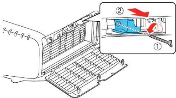 Diagram showing a car air vent with labeled parts and directional arrows indicating movement or force, including a blue sneaker inside the vent.