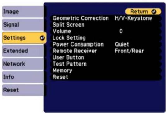 Image Signal Settings Extended Network Info Reset Geometric Correction H/V-Keystone Split Screen Volume 0 Lock Setting Power Consumption Quiet Remote Receiver Front/Rear User Button Test Pattern Memory Reset Return