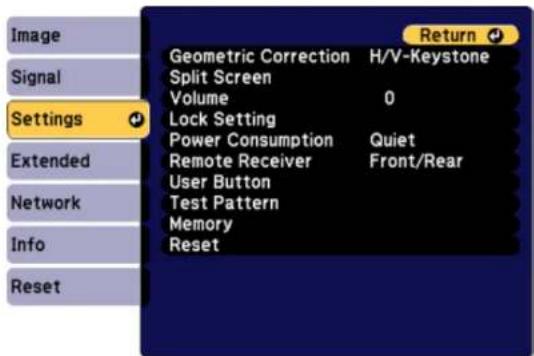 Image Signal Settings Extended Network Info Reset Geometric Correction H/V-Keystone Split Screen Volume 0 Lock Setting Power Consumption Quiet Remote Receiver Front/Rear User Button Test Pattern Memory Reset Return 🔍