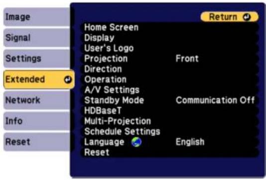 Image Signal Settings Extended Network Info Reset Home Screen Display User's Logo Projection Front Direction Operation A/V Settings Standby Mode Communication Off HDBaseT Multi-Projection Schedule Settings Language English Reset