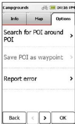 Campgrounds Info Map Options Search for POI around POI Save POI as waypoint Report error Back < > OK