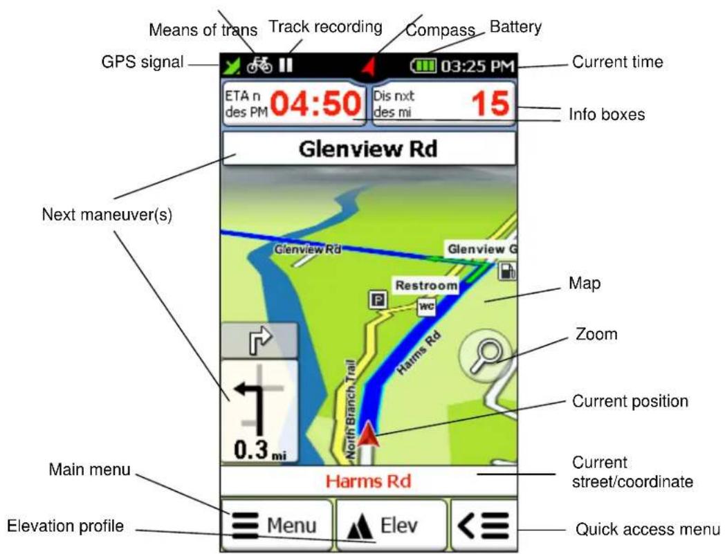 Means of trans Track recording Compass Battery GPS signal ETA n 04:50 Dis nxt 15 des PM des mi Info boxes Glenview Rd Next maneuver(s) Glenview Rd Glenview G Restroom Map Zoom Current position 0.3 mi North Branch Trail Harms Rd Main menu Harms Rd Current street/coordinate Elevation profile Menu Elev Quick access menu