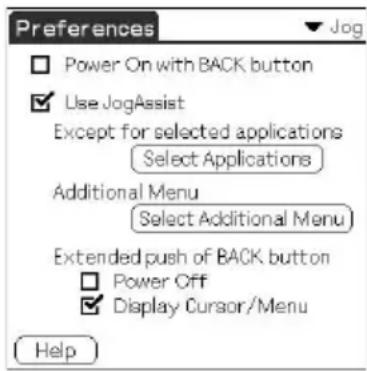 Preferences Power On with BACK button Use Jog Assist Except for selected applications Select Applications Additional Menu Select Additional Menu Extended push of BACK button Power Off Display Cursor/Menu Help