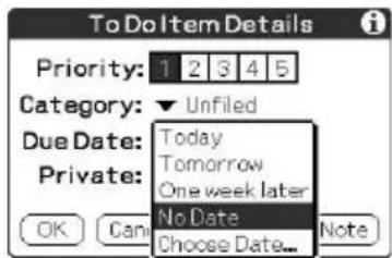 To Do Item Details Priority: 1 2 3 4 5 Category: ▼ Unfiled Due Date: Today Private: Tomorrow One week later No Date Choose Date... OK Can Note