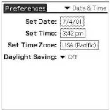 Preferences Date & Time Set Date: {7/4/01} Set Time: 3:42 pm Set Time Zone: USA (Pacific) Daylight Saving: Off