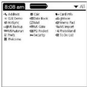 8:08 am Address CUE Demo HosSync MS Backup MSAutorun Prefs Welcome Csk Date Book Mail MS Gate PG Pocket Security Card Info bgMovie Memo Pad MS Import 4 Photos/Stand To Do List