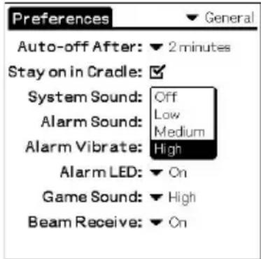 Preferences Auto-off After: ▼ 2 minutes Stay on in Cradle: System Sound: Off Alarm Sound: Low Medium Alarm Vibrate: High Alarm LED: ▼ On Game Sound: ▼ High Beam Receive: ▼ On