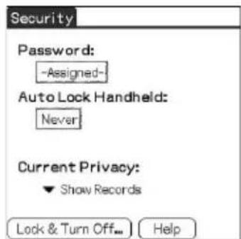 Security Password: -Assigned-- Auto Lock Handheld: Never Current Privacy: Show Records Lock & Turn Off... Help