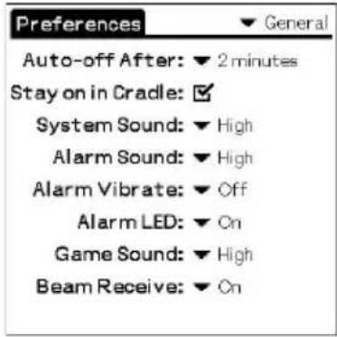 Preferences Auto-off After: ▼ 2 minutes Stay on in Cradle: ✓ System Sound: ▼ High Alarm Sound: ▼ High Alarm Vibrate: ▼ Off Alarm LED: ▼ On Game Sound: ▼ High Beam Receive: ▼ On