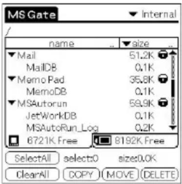 MS Gate Internal name size Mail 51.2K MailDB 0.1K Memo Pad 35.8K MemoDB 0.1K MSAutorun 59.9K JetWorkDB 0.1K MSAutoRun_Log 0.2K 6721K.Free 8192K.Free SelectAll select:0 size:0.0K ClearAll COPY MOVE (DELETE)