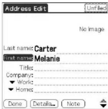 Address Edit Unfiled No Image Last name: Carter First name: Melanie Title: Company: ▼ Work: ▼ Home: Done Details... Note