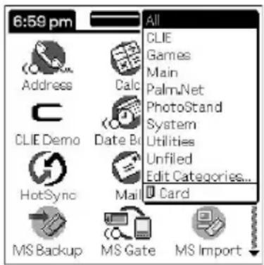 6:59 pm Address Calc CLIE Games Main PalmNet PhotoStand System Utilities Unfiled Edit Categories... HotSync Mail Card MS Backup MS Gate MS Import