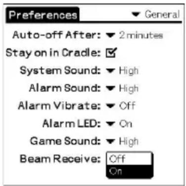 Preferences Auto-off After: ▼ 2 minutes Stay on in Cradle: ✓ System Sound: ▼ High Alarm Sound: ▼ High Alarm Vibrate: ▼ Off Alarm LED: ▼ On Game Sound: ▼ High Beam Receive: Off On